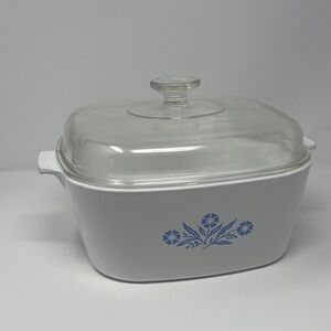 Corningware White Casserole with Blue Floral Motif and Glass Lid